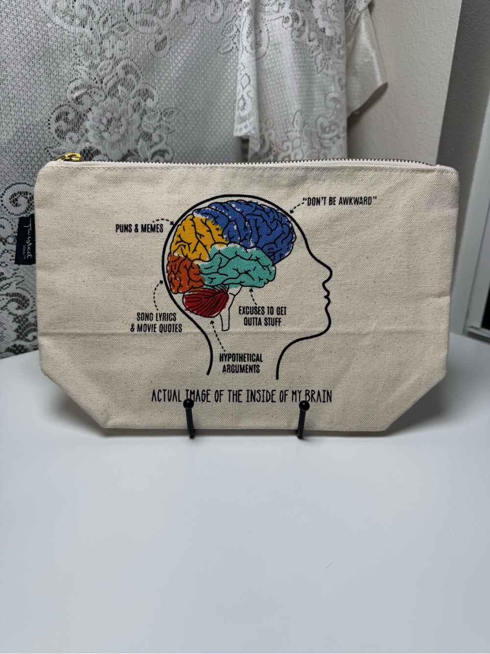 Twisted Cotton and Canvas Zip Makeup Pouch with Colorful Brain Diagram- 11”x7”.